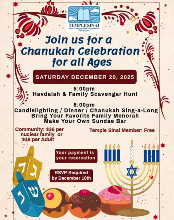The Temple Sinai holiday party will take place on Saturday December 20 at 5pm